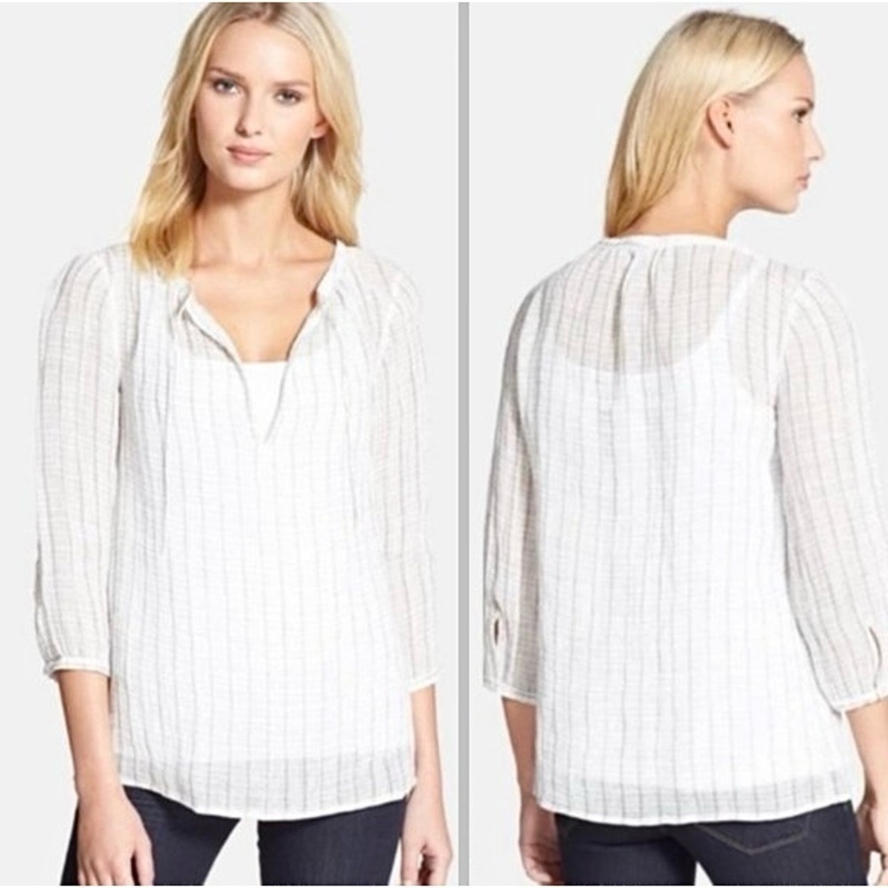 Eileen Fisher White & Pewter Gray Windowpane Linen Gauze 3/4 Sleeve Top Medium